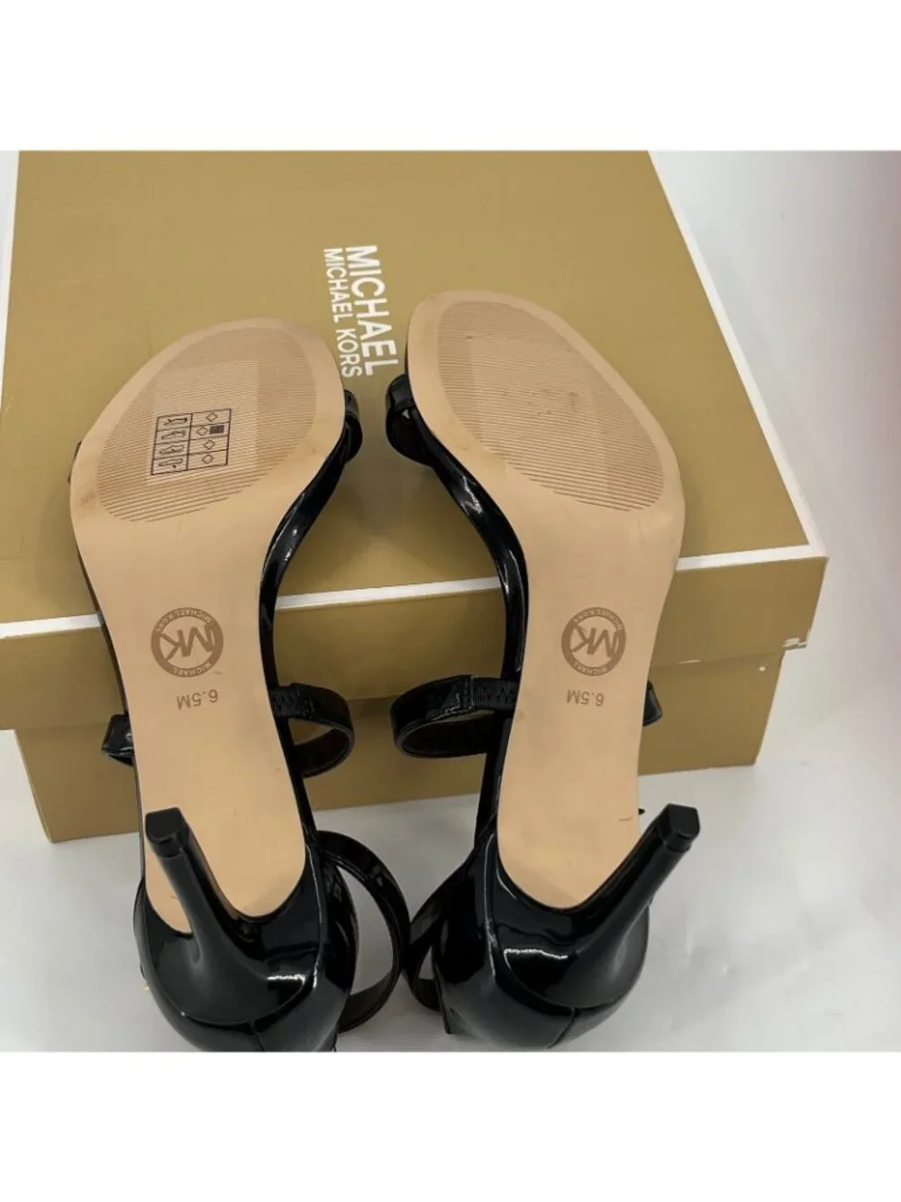 Michael Kors Koda Sandals Black Size 6.5M Faux Leather 3in Heel Ankle Strap